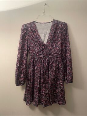 SHEIN Black Ditsy Floral V-Neck Long Sleeve Mini Dress with Pink Accents